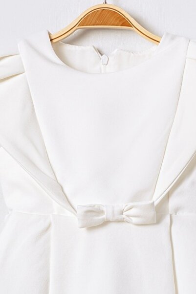 Bebüş Bow Detail Crew Neck Flared Cutout Short Sleeve White Girl's Dress 15702