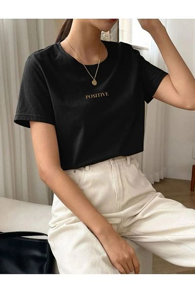 SUPER POZE Tricou oversize din țesătură de bumbac cu imprimeu pozitiv pentru femei