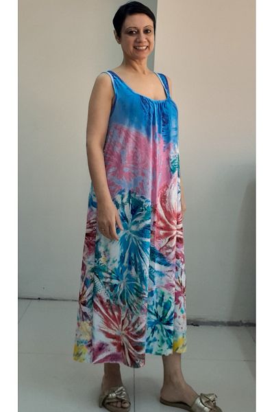 Mertcan Butik Μπλε ροζ κίτρινο σχέδιο μπροστινό πίσω μαζευμένο φόρεμα βισκόζης από χτενισμένο βαμβάκι