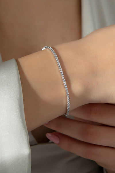 SARIASLAN İnce Zarif Beyaz Taşlı 2 Milim Su Yolu Kadın Gümüş Bileklik Beyaz A...