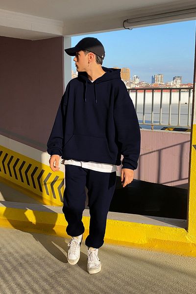 ruNadeS Men's 3 Thread Wide Fit Hooded Kangaroo Pocket Tracksuit Set - Casual