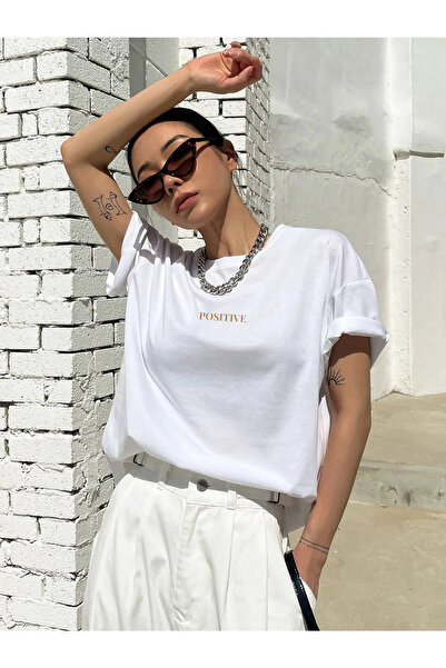 SUPER POZE Tricou oversize din țesătură de bumbac cu imprimeu pozitiv pentru ...