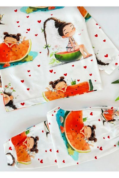 ÖZNUR GÖZÜBEK Female Child Watermelon Fruit Print Crew Neck Long-Sleeve Pajamas Set