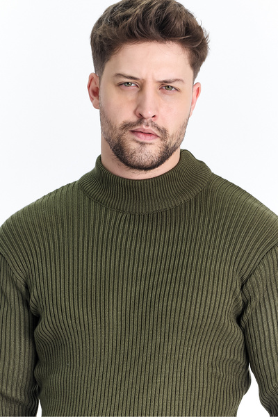 THE RULE Men's Khaki Half Turtleneck Ribbed Patterned Non-Pilling Regular Fit Knitwear Sweater