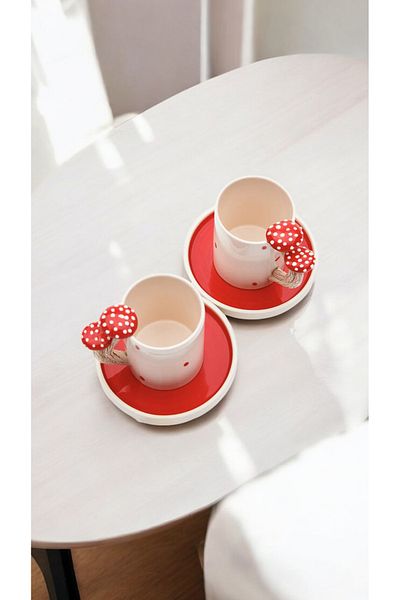 Lifestyle 4-Piece Set of 2-Person Handmade Ceramic Coffee Cup Set with Cork Handle 100 Ml.