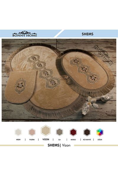Dokumacıoğlu Σετ χαλιών μπάνιου Shems 3 τεμαχίων Mink Color Δαντελένιο Σετ τουαλέτας που πλένεται