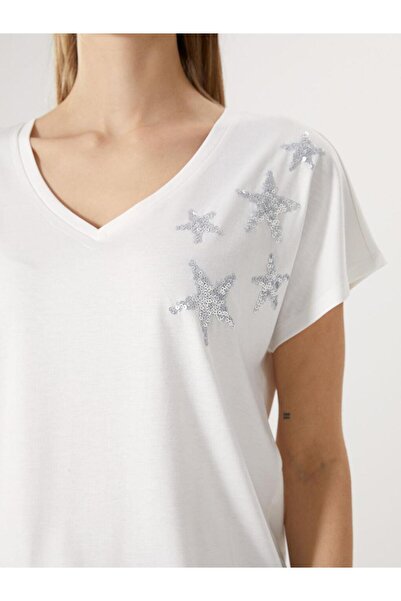 LC Waikiki Dámské tričko LCWAIKIKI Classic s výstřihem do V s flitry z česané bavlny