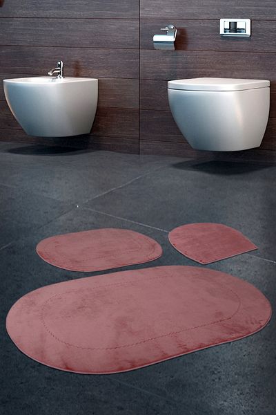 Dokumacıoğlu Rixos 3-Piece Pink Bath Mat Set, Carpet, Non-Slip Leather Based Washable Toilet Seat