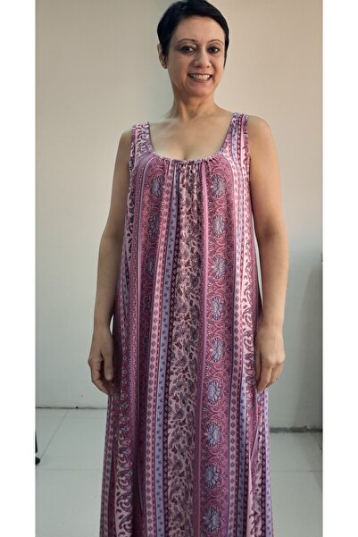 Mertcan Butik Φόρεμα από χτενισμένο βισκόζη με ροζ σχέδιο μπροστά και πίσω με κορδόνια