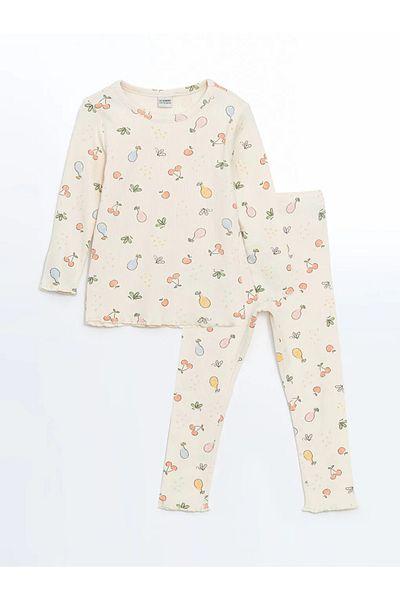 LC Waikiki Lcw Kids Ecru Girls Pajamas Set - Crew Neck, Printed t t