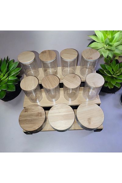 MİEN Glass Spice Rack Set with Bamboo Lid - with Stand and Sticker Gift