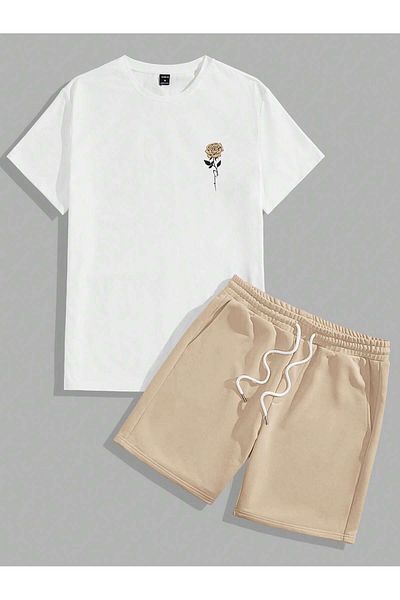 aynewmoda Unisex Floral Graphic Short Sleeve T-Shirt and Lace up Waist Shorts - Going Out
