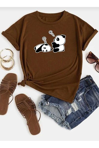 İpli Tricou Oversize Pandas Imprimat Culoare Maro