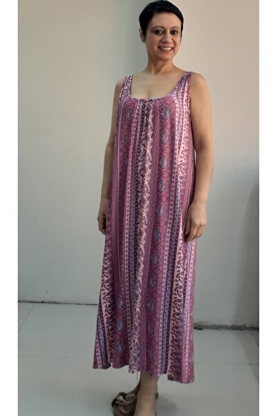 Mertcan Butik Φόρεμα από χτενισμένο βισκόζη με ροζ σχέδιο μπροστά και πίσω με κορδόνια