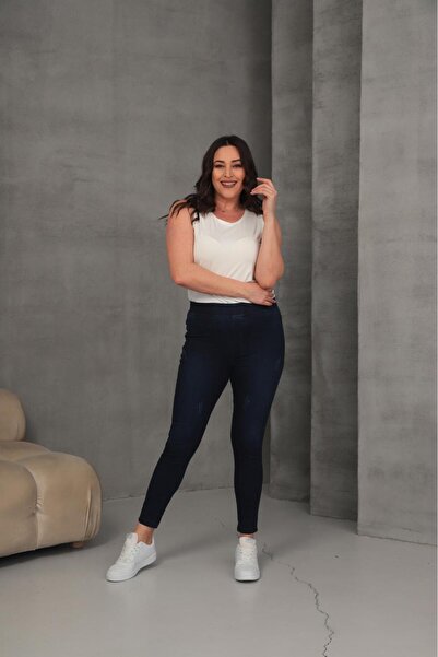 NEŞA KOTÇU Kadın Tırnaklı Mavi Yüksel Bel Toparlayıcı Lastikli Kot Pantolon Jeans