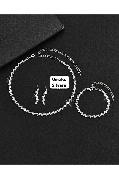 Ümaks Silvers Ajda Model Zircon Stone Elegant Necklace Earrings Bracelet Set Gift Set