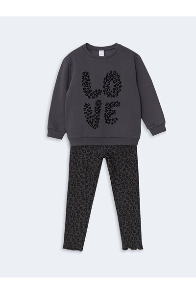 LC Waikiki Lcw Kids Girls - Leopard Print Crew Neck Sweatshirt and Leggings Set of 2