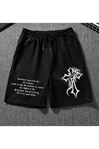 caddekombin Pantaloni scurți negri pentru bărbați, cu imprimeu cruce, cu buzu...