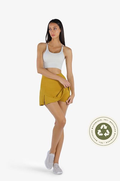 YesEco Women's Activewear Set | Sustainable White Padded Criss-Cross Bra & Mustard High-Waist Skirt