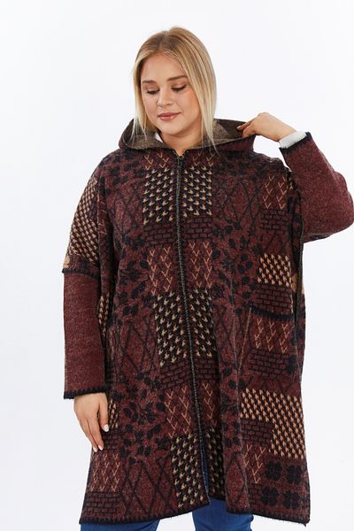 Laden Women's Plus Size Coat Knitwear - Wool Thick Hooded Patterned Zippered Poncho Winter Oversized Mother Cardigan
