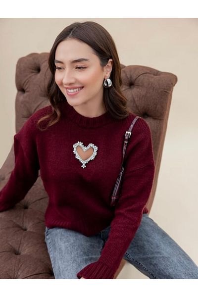 Liya Heart Detailed Stone Embroidered Knitwear