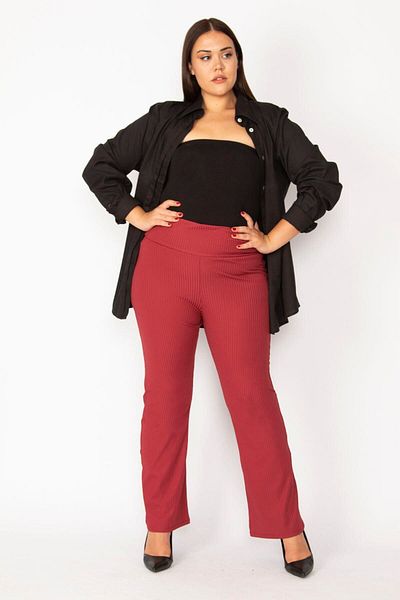 Şans Women's Large Size Claret Red Self-Striped Stretch Wide Leg Trousers 65n28669
