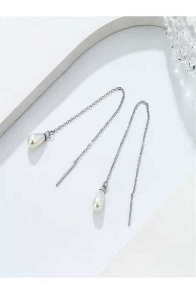 esem gold Zincirli Gümüş İnci Küpe