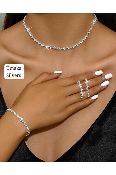 Ümaks Silvers Ajda Model Zircon Stone Elegant Necklace Earrings Bracelet Set Gift Set