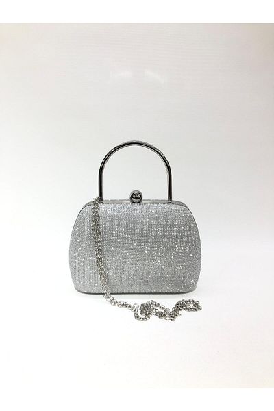 womenacs Rochie de seară de culoare argintie cu aspect de piatră mare pentru femei, cu curea cu lanț, geantă de seară pentru nuntă