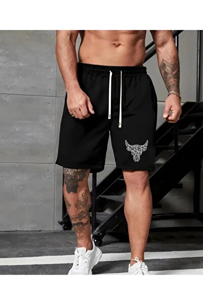 caddekombin شورت برمودا رجالي بطبعة برج الثور مع تفاصيل حبل جيب، مقاس عادي، أسود