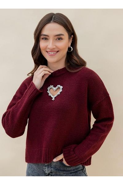 Liya Heart Detailed Stone Embroidered Knitwear