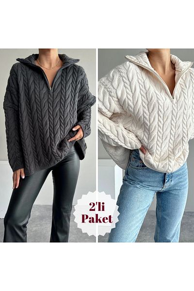 Souls Fruit Anthracite and Cream Color Oversize Knitwear Sweater - Zip-Up Collar, Hair Braid, 2-Pack