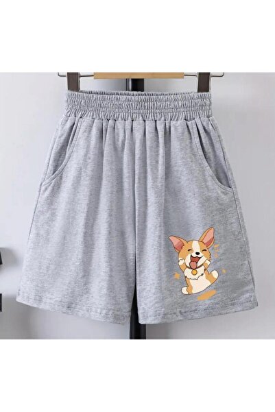 caddekombin Kadın Köpek  Baskılı Bermuda Cepli Kordonlu Comfort Fit Kalıp Gri Şort