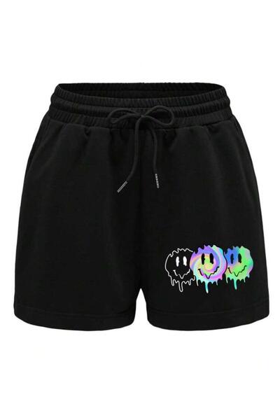 caddekombin Γυναικείο μαύρο σορτς με τριπλό σχέδιο χαμόγελου με τσέπες βερμού...