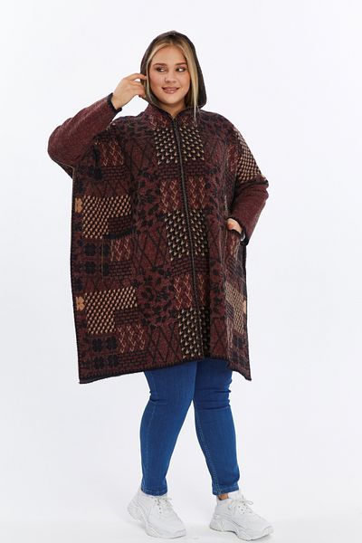 Laden Women's Plus Size Coat Knitwear - Wool Thick Hooded Patterned Zippered Poncho Winter Oversized Mother Cardigan