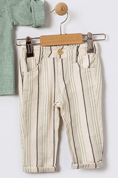 Bebüş Green Shirt and Striped Cream Pants Set for Baby Boy - Buttoned 15866