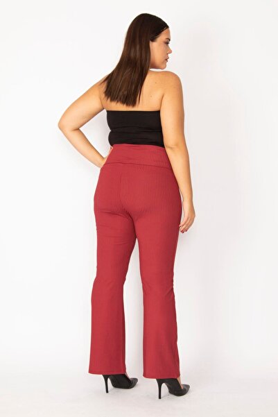 Şans Women's Large Size Claret Red Self-Striped Stretch Wide Leg Trousers 65n28669