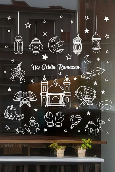Sticker Ekspres Figurine albe Ramadan Bine ați venit Autocolant din sticlă Ramadan Decoratiuni Ramadan