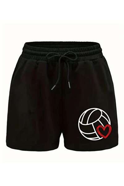 caddekombin Kadın Voleybol Topu Baskılı Bermuda Cepli Kordonlu Slim Fit Kalıp Siyah Şort