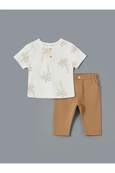 LC Waikiki Lcw Baby Ecru Crew Neck Printed Baby Boy T-Shirt and Pants 2-Piece Set