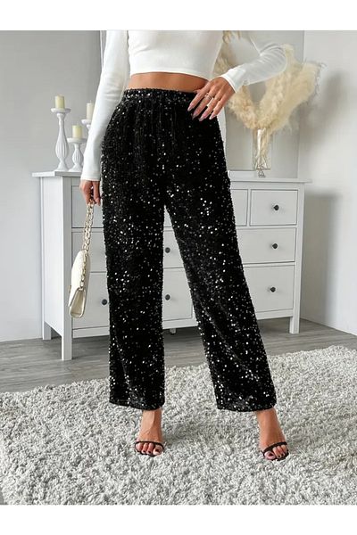 AYSİ COLLECTİON Velvet Sequin Sequin Pants Black