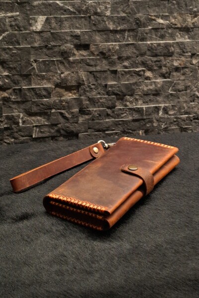 MAT Deri محفظة برتقالية طويلة مصنوعة يدويًا من الجلد الطبيعي مع حزام معصم