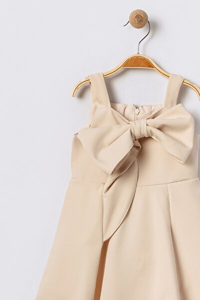 Bebüş Big Bow Detail Thick Straps Flared Cutout Sleeveless Beige Girl's Dress 15701