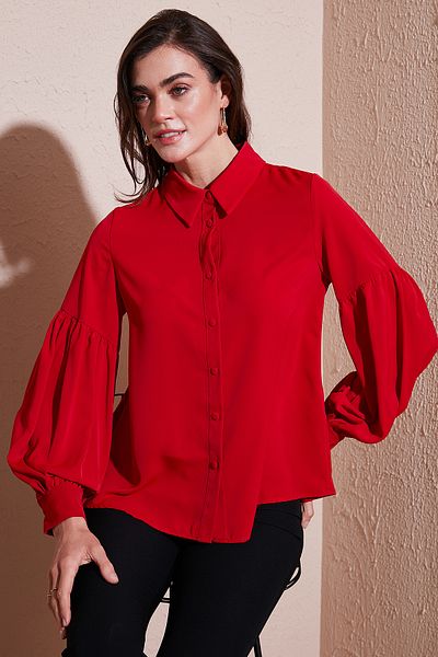 Lela Regular Fit Stitching Detail Solid Neck Balloon Sleeve Shirt Shirt 611Go00003