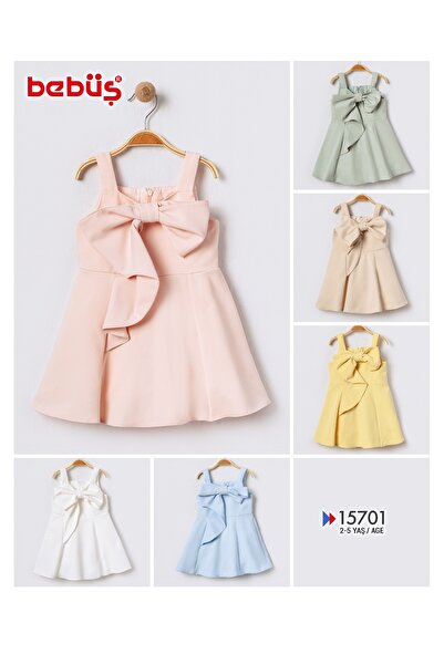 Bebüş Μεγάλο φιόγκο με λεπτομέρεια με χοντρό λουράκι, αμάνικο μωρό μπλε κοριτσίστικο φόρεμα 15701