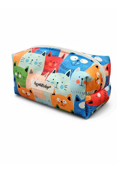 Ayza Stüdyo حقيبة مكياج كبيرة الحجم بنمط قطة باللون الأزرق والرمادي - قطط ليلية