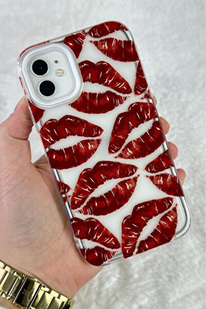 Vip Case iPhone  11 - Kırmızı Dudak Desenli Şeffaf Kamera Çıkıntılı Zarif Şık...