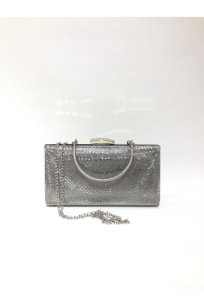 womenacs Culoare platină cu model șarpe Material rochie de seară clutch portofoliu geantă de mână pentru femei și curea lungă