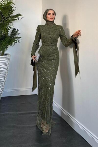 MERVEN AKYÜZ Khaki Sheldon Evening Dress - Lace up Sleeves and Sequin Sequin Embroidered