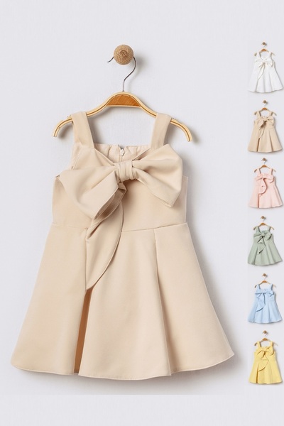 Bebüş Big Bow Detail Thick Straps Flared Cutout Sleeveless Beige Girl's Dress 15701